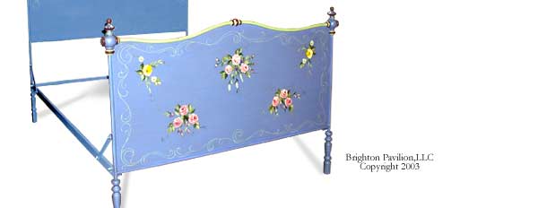 Josephine Bed-Lavender Blue with eggshell Green and Umber Rose accents with pastoral scene