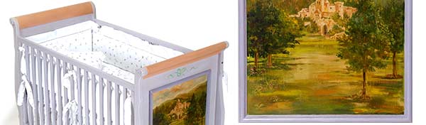 Phlox with Pink Meadow and Iris lining. Castle scene in panel