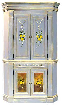 Corner Cabinet-Mushroom waxed Daphne with Vanilla. Mushroom and White drybrushed finish