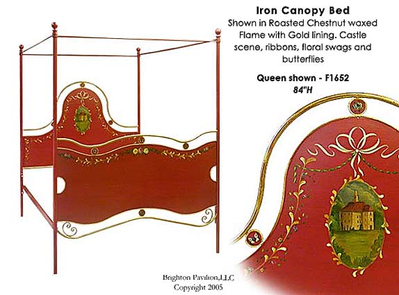 Iron Canopy Bed-Roasted Chestnut waxed Flame with Gold lining. Castle scene with ribbons, floral swags and butterflies