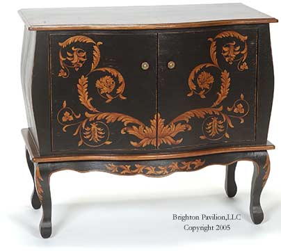 Bombe Cabinet-Black Walnut Base waxed Black. Design in Burnt Sienna, golds and antique brown