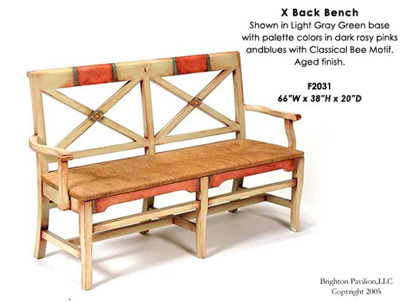 X Back Bench-Lihht Gray Green base with palette colors in dark rosy pinks and blues. Classical Bee motif