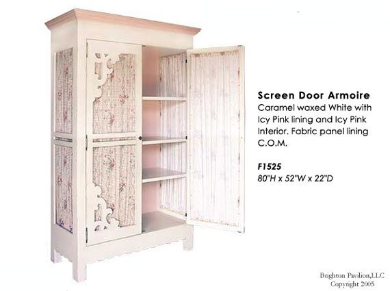 Screen Door Armoire-Caramel waxed White with icy pink interior. Fabric panel lining C.O.M.