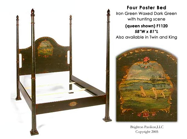 Four Poster Bed-Iron Green waxed Dark Green with hunting scene